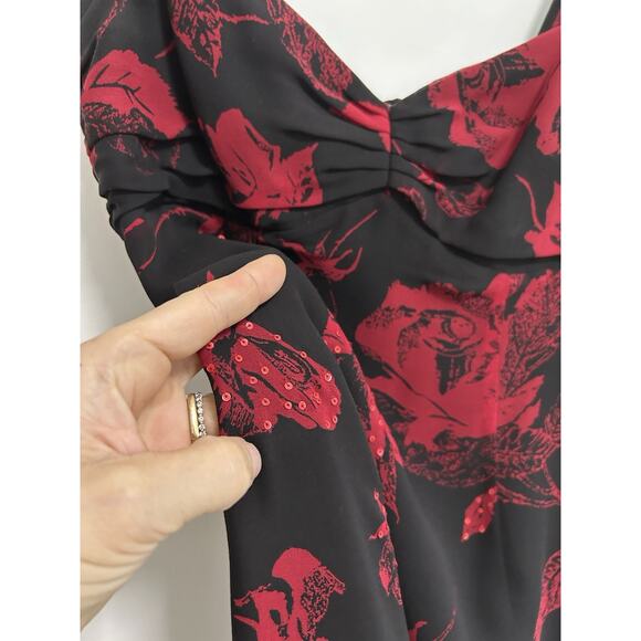 Vintage Nicole Miller Y2K Black Red Gothic Floral Fairy Sequin Silk Dress Size 0 - Picture 3 of 9